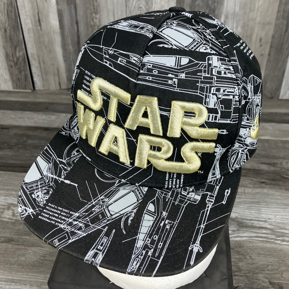 Star Wars ThinkGeek X-Wing Blueprint Snapback Hat Black Gold Logo Cap 2017